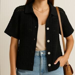 Zara Black Open Knit Polo Cardigan Sweater Short Sleeve Button Down V Neck S/M